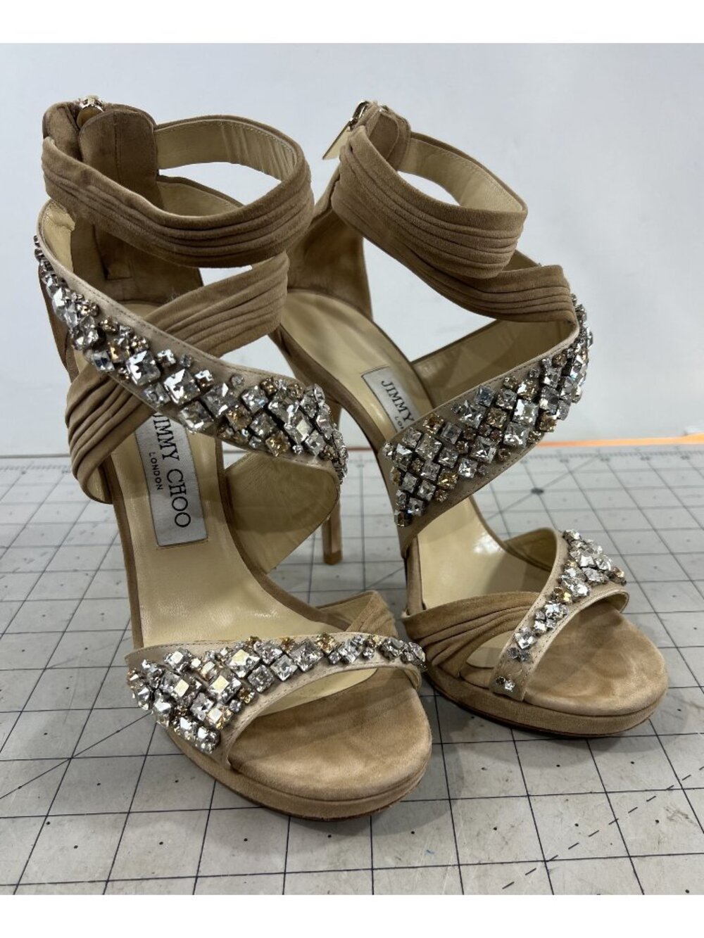 Jimmy Choo Beige Suede Crystal Embellished Strappy High Heels Zip Sz. 37.5 EU